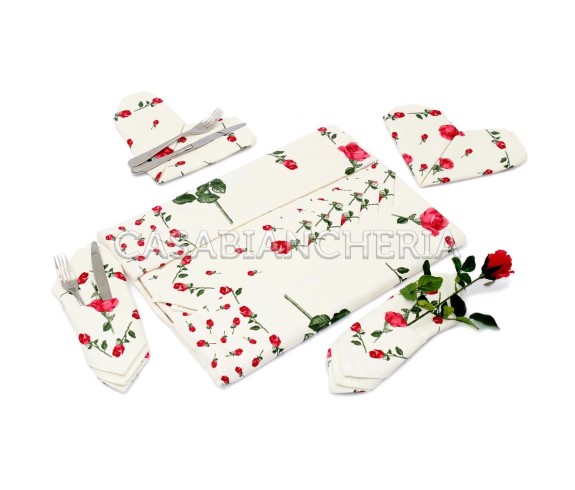 Tovaglia Rose Rosse, tovaglia con tovaglioli stampe romagnole | Casa Biancheria