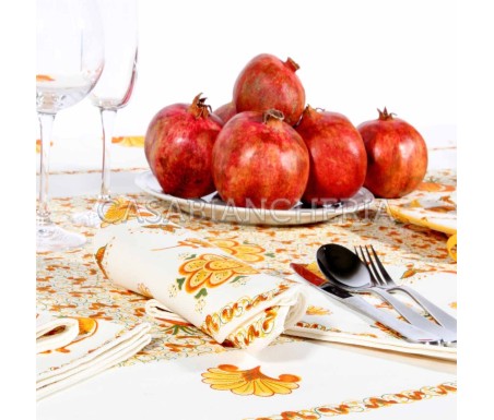 Tovaglia a metraggio Melograno Arancio, tessuto stampa romagnola | Casa Biancheria