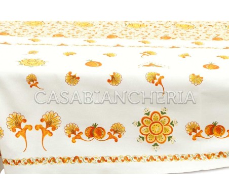 Tovaglia a metraggio Melograno Arancio, tessuto stampa romagnola | Casa Biancheria