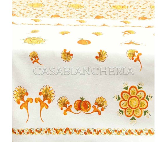 Tovaglia a metraggio Melograno Arancio, tessuto stampa romagnola | Casa Biancheria