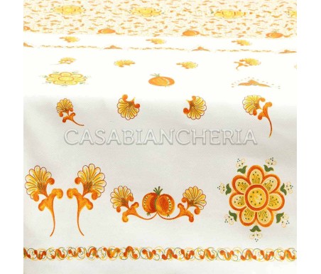 Tovaglia a metraggio Melograno Arancio, tessuto stampa romagnola | Casa Biancheria